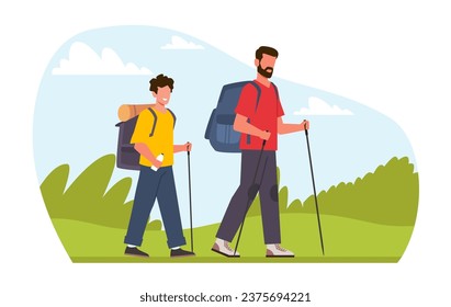 Padre e hijo haciendo mochileras por el desierto. Senderismo familiar. paisaje de verano, aventura de exploradores, estilo de vida saludable y relaciones. Concepto vectorial aislado de estilo plano de caricatura