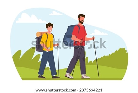 Father and son backpacking through wilderness. Family hiking. summer landscape, explorers adventure, healthy lifestyle and relationships. Cartoon flat style isolated vector concept