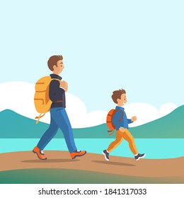 Father and son with backpacks are engaged in hiking. Against the backdrop of nature. Active lifestyle. Vector cartoon character illustration.