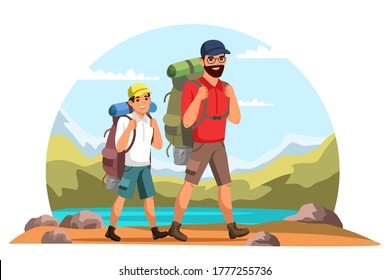 Father and son with backpacks go to mountains. Family travelling, active vacation, hiking, happy fatherhood and childhood, spend time together, hobby or sport concept. Vector character illustration