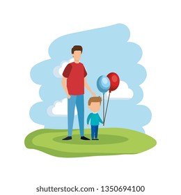 father with son and balloons helium in the camp