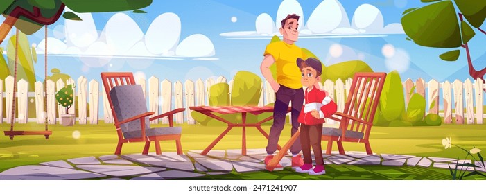 Father and son with baseball bit standing on backyard with fence, table and chairs on summer day. Cartoon vector family two generations spending time together. Parent with child playing sport game.