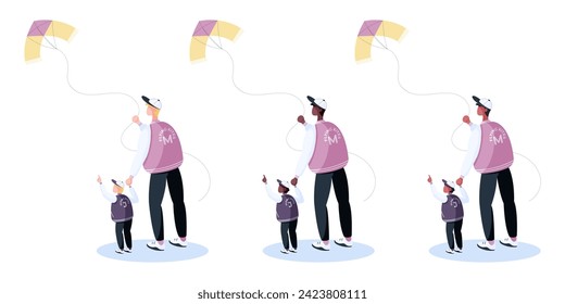 Father and son in baseball jackets flying a kite, outdoor activity. Different ethnicities people set in flat style. Family weekend vector illustration.