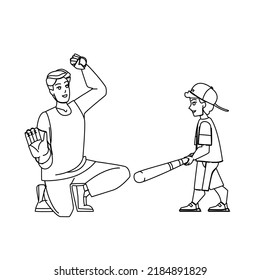 Father Son Baseball Vector. Family Dad Child, Catch Ball, Playing Park Father Son Baseball Character. People Black Line Pencil Drawing Vector Illustration