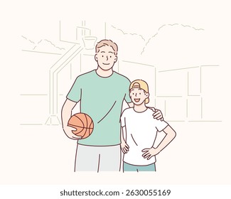 Father and Son at Basketball Court Holding a Ball. Hand drawn style vector design illustrations.