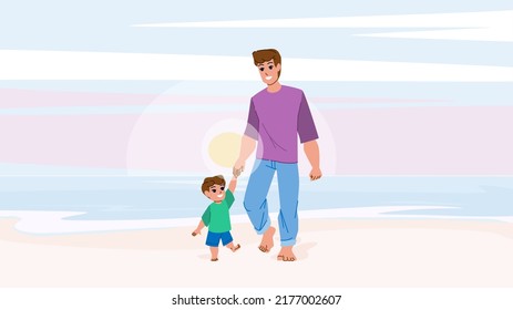 father son beach vector. family child dad, vacation fun, holiday outside father son beach character. people flat cartoon illustration