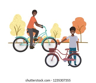 father and son with bicycle in landscape
