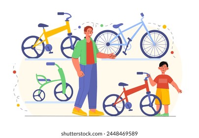 Father with son at bike shop. Man and kid choosing cycle. Shop with sport equipment. Eco friendly transport. Active lifestyle and leisure. Cartoon flat vector illustration isolated on white background