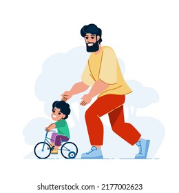 father son bike vector. dad child bicycle, happy fun ride, together park father son bike character. people flat cartoon illustration