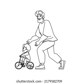 father son bike vector. dad child bicycle, happy fun ride, together park father son bike character. people black line pencil drawing vector illustration