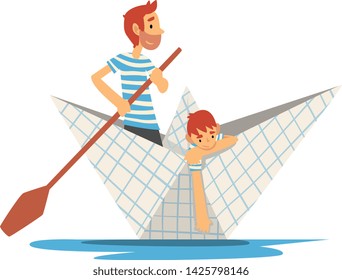 Father and Son in Blue White Striped T-Shirts Boating on River, Lake or Pond, Family Paper Boat Vector Illustration