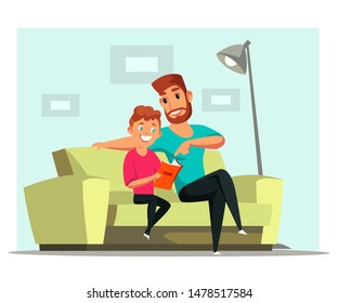 Father and son bonding flat vector illustration. Young father and child sitting on couch cartoon characters. Parent helping kid with homework. Happy man and boy watching photo album, reading book