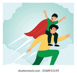 A father and son bonding moment as they imitate superheroes, symbolizing imagination, joy and family connection. Flat vector modern illustration 