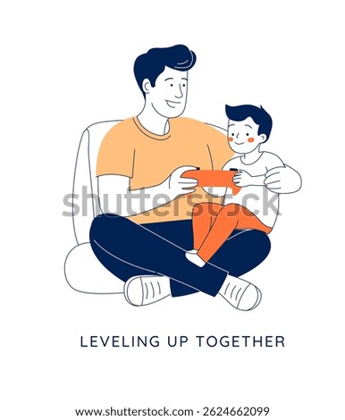 Father and son bonding over video games at home. A dad and his child play console games on the floor, sharing a joyful moment. Fathers Day, parenting, and modern fatherhood. Flat vector illustration