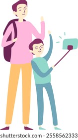 Father and son, both smiling brightly, are capturing a joyful selfie with a selfie stick while waving their hands, celebrating their exciting travel adventure together