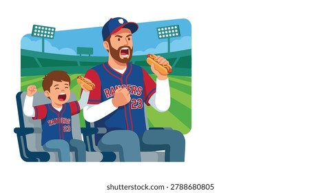 A father and son, both wearing baseball jerseys, are enthusiastically cheering while holding hot dogs. The father has a beard and a cap, and both are expressing strong emotions.