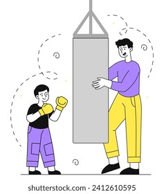 Father and son boxing linear. Man teach child to fight. Active lifestyle and sports. Workout and training. Boy punch bag. Doodle flat vector illustration isolated on white background
