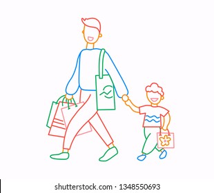 Father with son or brothers have purchases at shopping. Thin line flat design, vector illustration in bright colors.