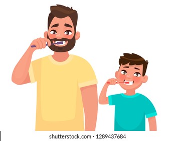 Father And Son Brush Their Teeth With Toothpaste. Mouth Hygiene. Vector Illustration In Cartoon Style