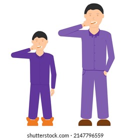 Father and son brush their teeth together. Good example of parents in the observance of oral hygiene. Cartoon. Vector.