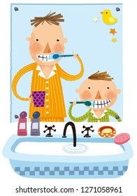 Father & son brushing Teeth