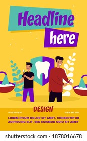 Father and son brushing teeth. Man and boy with toothbrushes in bathroom flat vector illustration. Morning, hygiene, tooth care concept for banner, website design or landing web page