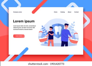 Padre e hijo cepillando dientes. Hombre y niño con cepillos de dientes en la ilustración plana vectorial del baño. Noche, higiene, concepto de cuidado dental para banner, diseño de sitios web o página web de aterrizaje