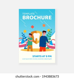 Father and son brushing teeth. Man and boy with toothbrushes in bathroom flat vector illustration. Morning, hygiene, tooth care concept for banner, website design or landing web page