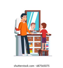 Father And Son Brushing Teeth Together. Home Bathroom Interior With Sink, Mirror, Vanity Cabinet & Drawers. Dad Teaching Boy Kid How To Brush. Personal Hygiene. Flat Style Cartoon Vector Illustration.