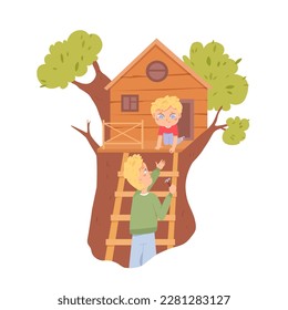 Father and son build house on green tree in park or garden vector illustration. Cartoon dad holding hammer for building ladder with wooden boards, cute little kid playing in secret treehouse outside