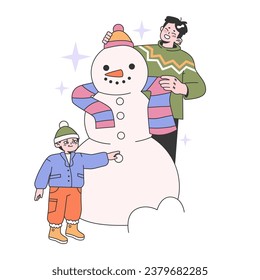 Father and son building and decorating a snowman on winter holiday. Man and little boy in warm clothes spending time outside. Happy loving family, positive parenting. Flat vector illustration.