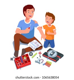 Father and son building electric toy project together having fun playing & smiling. Father and kid sitting on floor next to toy kit parts. Family education game. Flat isolated vector illustration