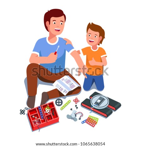 Father and son building electric toy project together having fun playing & smiling. Father and kid sitting on floor next to toy kit parts. Family education game. Flat isolated vector illustration