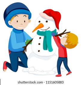 Father and son building a snowman illustration