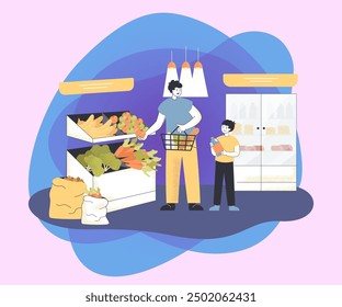 Father and son buying food in grocery store. Parent with child choosing fruits, vegetables and other goods in supermarket flat vector illustration. Family shopping, daily routine, lifestyle concept