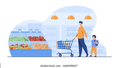 Father and son buying food in supermarket. Young man and boy wheeling shopping cart with food along aisles in grocery store. Vector illustration for market, retail, shoppers, customers concept