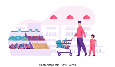 Vater und Sohn kaufen im Supermarkt Essen. Junge Männer und Jungen, die Einkaufswagen mit Essen entlang der Gänge im Lebensmittelgeschäft. Vektorillustration-Illustration für Markt, Einzelhandel, Käufer, Kundenkonzept