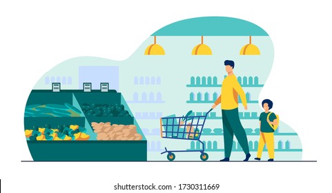 Father and son buying food in supermarket. Young man and boy wheeling shopping cart with food along aisles in grocery store. Vector illustration for market, retail, shoppers, customers concept