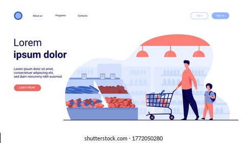 Father and son buying food in supermarket. Young man and boy wheeling shopping cart with food along aisles in grocery store. Vector illustration for market, retail, shoppers, customers concept