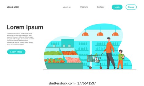 Father and son buying food in supermarket. Young man and boy wheeling shopping cart with food along aisles in grocery store. Vector illustration for market, retail, shoppers, customers concept