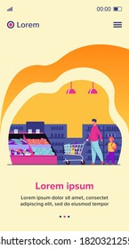 Father and son buying food in supermarket. Young man and boy wheeling shopping cart with food along aisles in grocery store. Vector illustration for market, retail, shoppers, customers concept