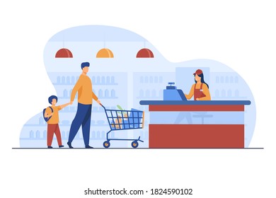 Father and son buying food in supermarket. Cashier, trolley, store flat vector illustration. Shopping and grocery store concept for banner, website design or landing web page