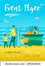 Father and son buying food in supermarket. Cashier, trolley, store flat vector illustration. Shopping and grocery store concept for banner, website design or landing web page