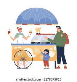 Padre e hijo comprando helado en el puesto del vendedor, ilustración vectorial plana aislada en fondo blanco. Eventos de verano y conceptos de festival de comida callejera. Familia divirtiéndose juntos. El niño come helado.