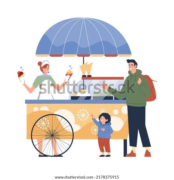 Father and son buying ice cream at vendor stall,\
flat vector illustration isolated on white background. Summer\
events and street food festival concepts. Family having fun\
together. Kid eats ice\
cream.