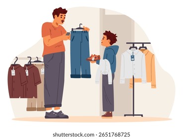 Pai e filho comprando uniforme escolar juntos na ilustração vetor plana loja. Homem em choque por causa do preço das roupas escolares.
