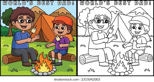 Father and Son Camping Coloring Page Illustration