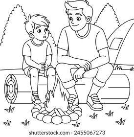 The father and son are camping coloring page. Father day vector illustration 