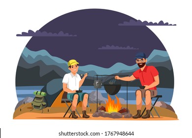 Father and son camping and cooking in camp bowler at stake. Family travelling, vacation, hiking, happy fatherhood and childhood, spend time together, hobby concept. Vector character illustration