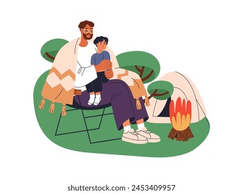 Father and son camping. Dad and kid sitting by fire at campsite. Summer outdoor adventure together. Happy family campers spending time in nature. Flat vector illustration isolated on white background